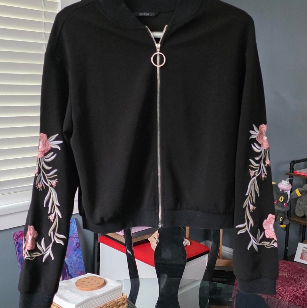 SHEIN Black Jacket with Pink Floral Details